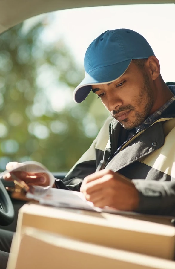 A delivery driver in his car checking off a list