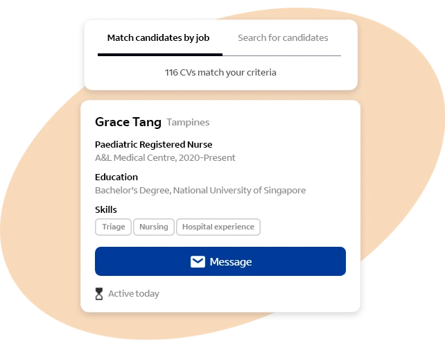 Candidate profile in Indeed Smart Sourcing showing matched nurse resume with skills, education, and message option