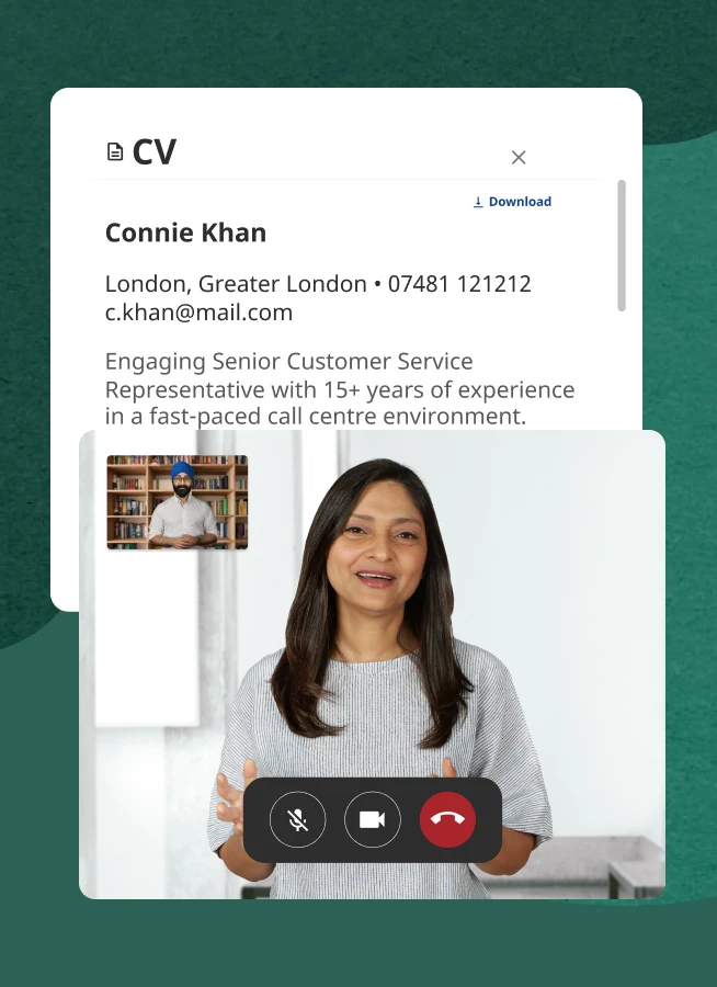 Screenshot of an employer interviewing a candidate on the hiring platform. The candidate's CV is displayed beside the video