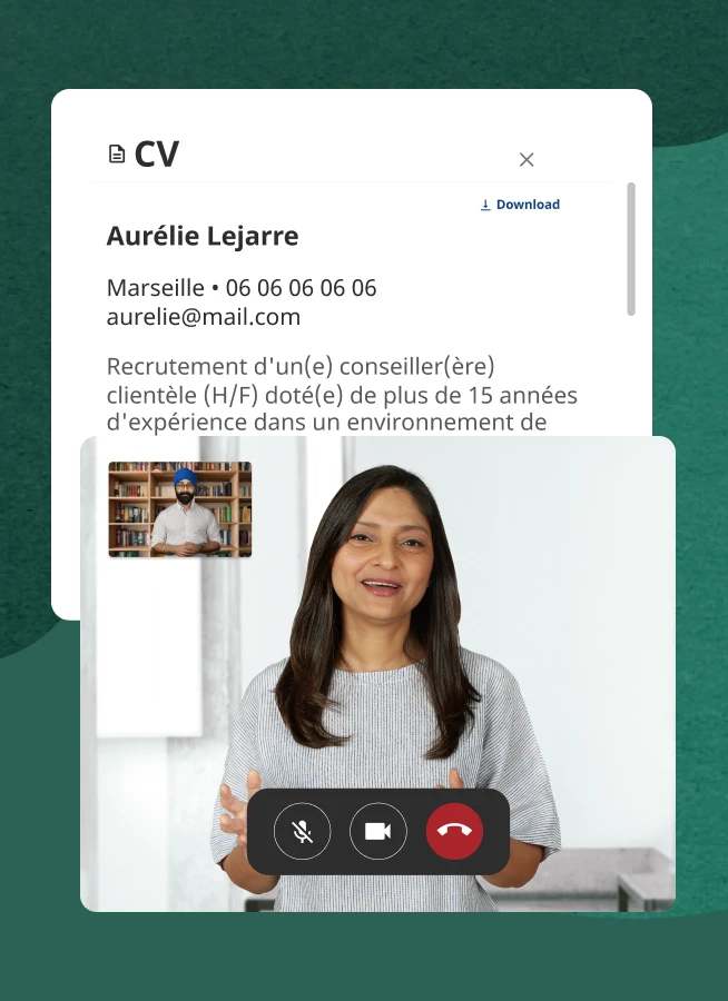 Capture d'écran d'un employeur faisant passer un entretien à un candidat sur la plateforme de recrutement. Le CV du candidat s'affiche à côté de la vidéo.