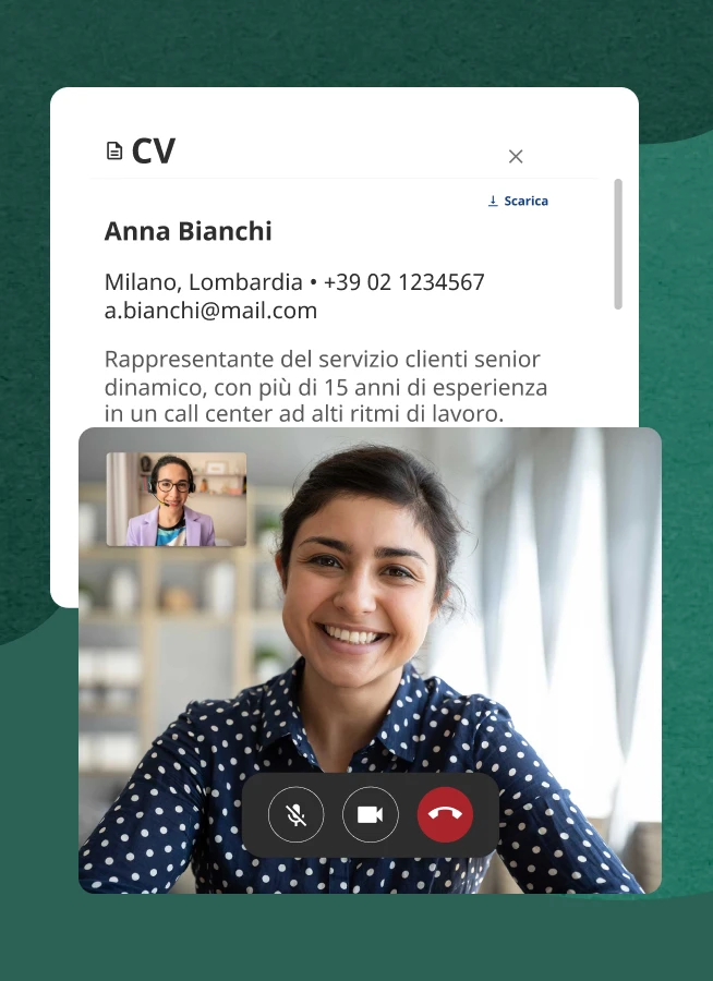 Screenshot di un datore di lavoro che fa un colloquio a un candidato su Hiring Platform. Il CV del candidato viene visualizzato accanto al video