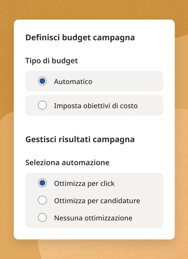 Definisci il budget delle campagne, imposta l'obiettivo di costo e risparmia tempo gestendo le campagne con la funzione di ottimizzazione automatica. 