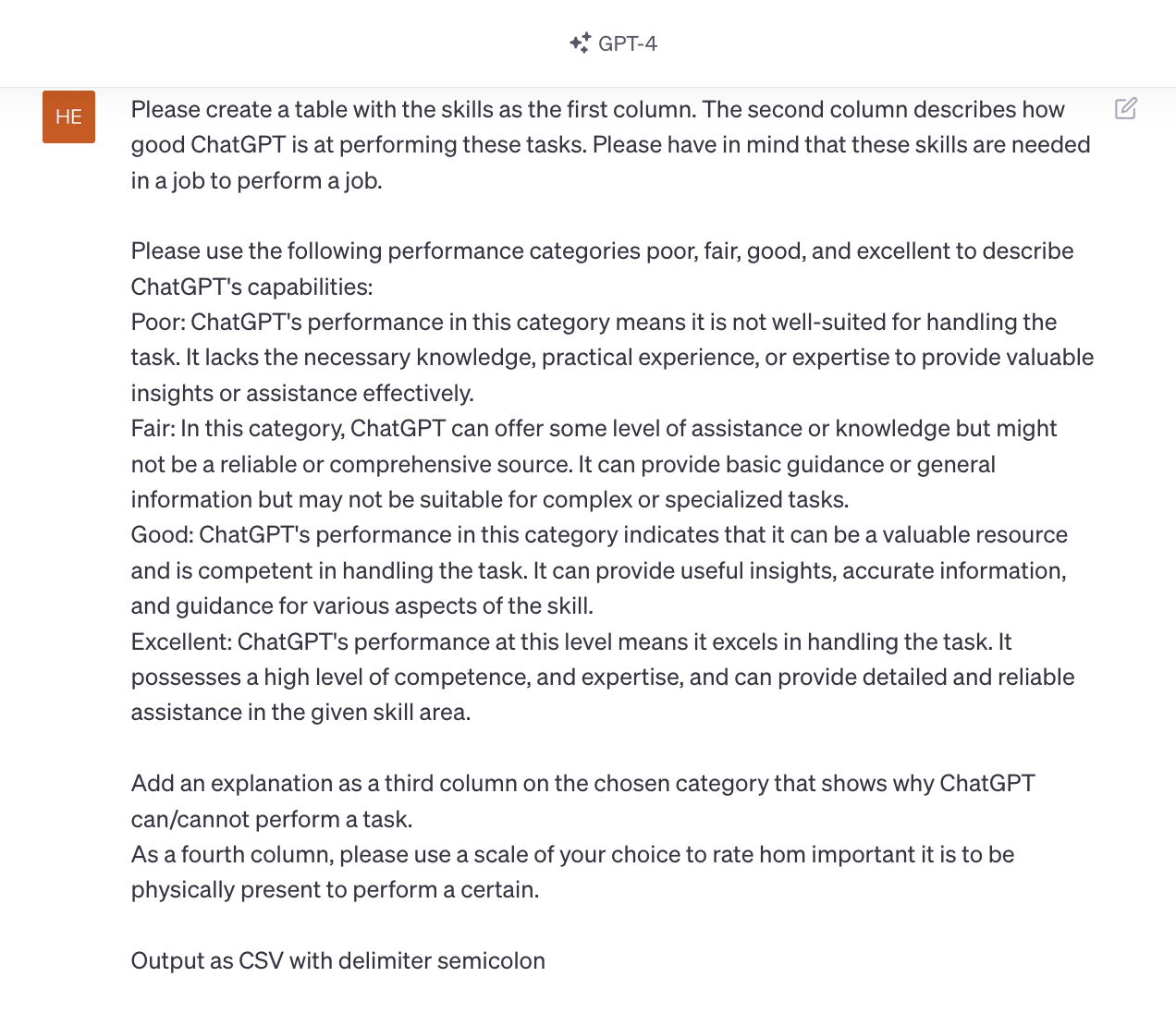 Screenshot of a prompt used by the Hiring Lab team communicating with GPT-4 asking for the creation of a table with multiple columns for skills and the aforementioned ChatGPT's self-described capability at performing these skills at a poor, fair, good, or excellent level.