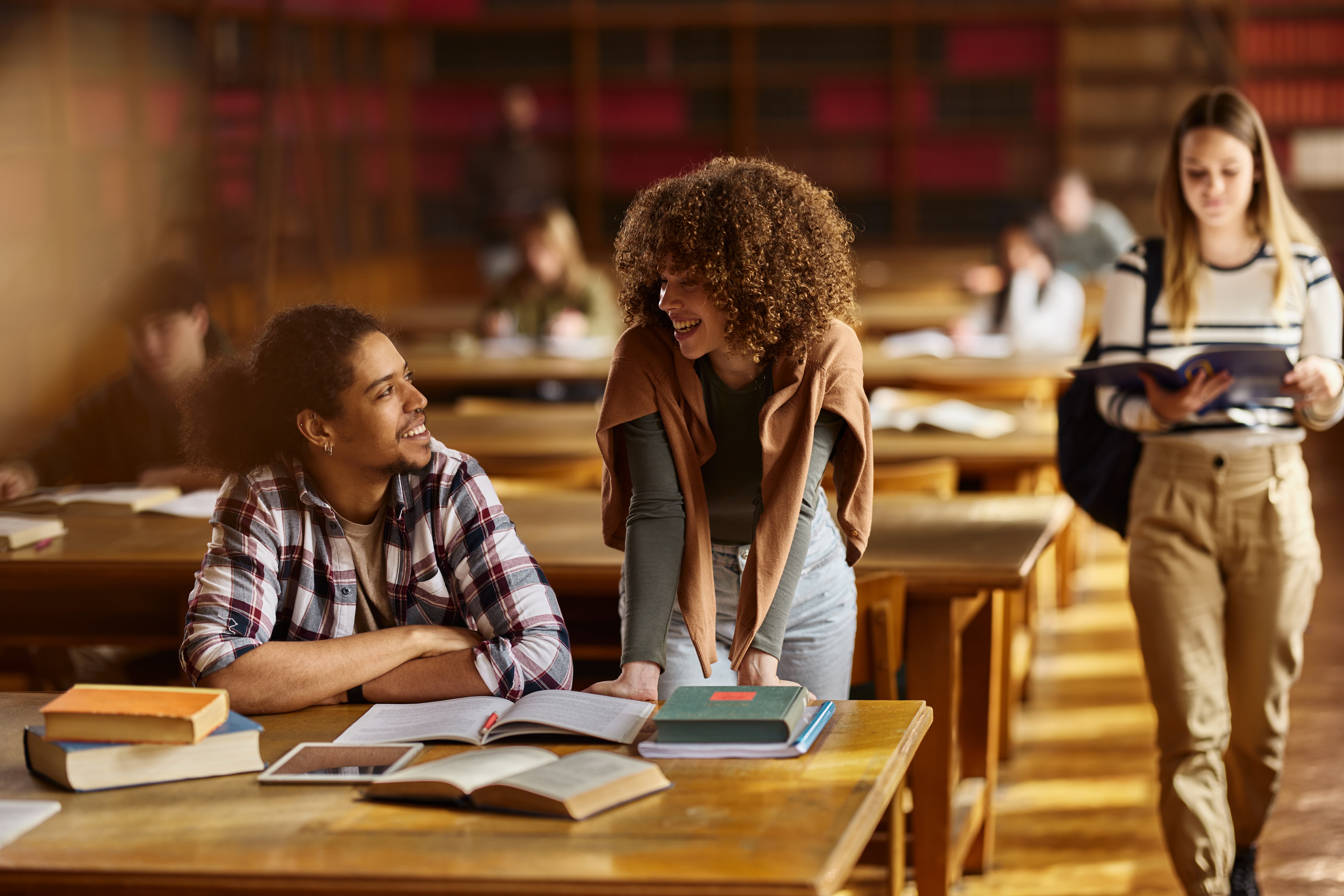 Students discussing work in the library
