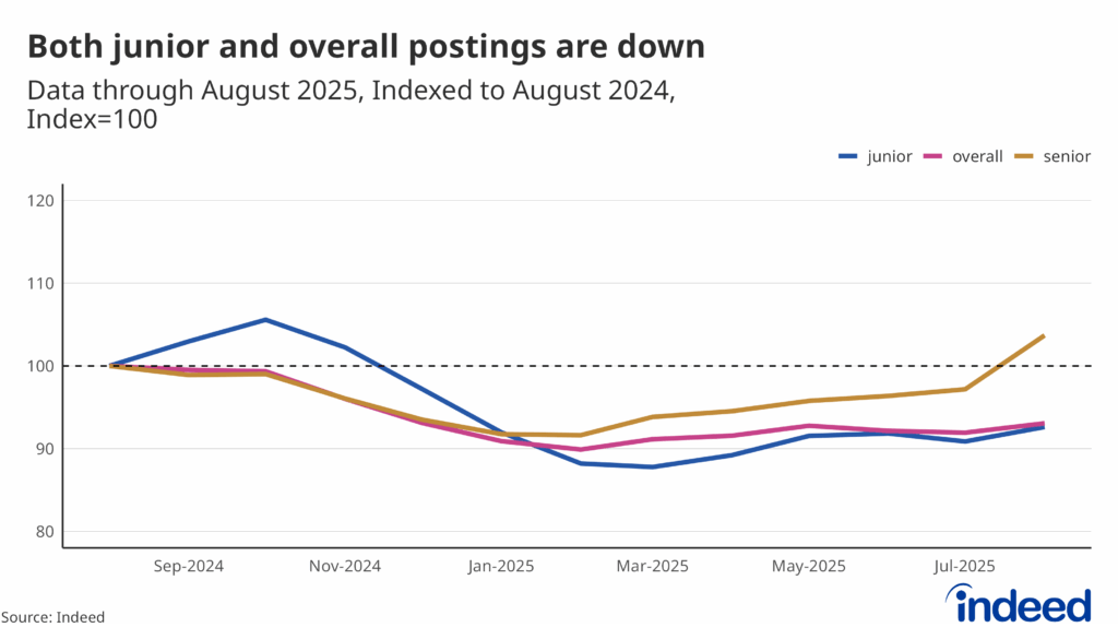 Line chart titled “Both junior and overall postings are down.” Using data from August 2024 to August 2025, indexed to August 2024, with an index of 100, the chart shows that though junior and overall postings remain below the previous year, senior postings are beginning to rise.