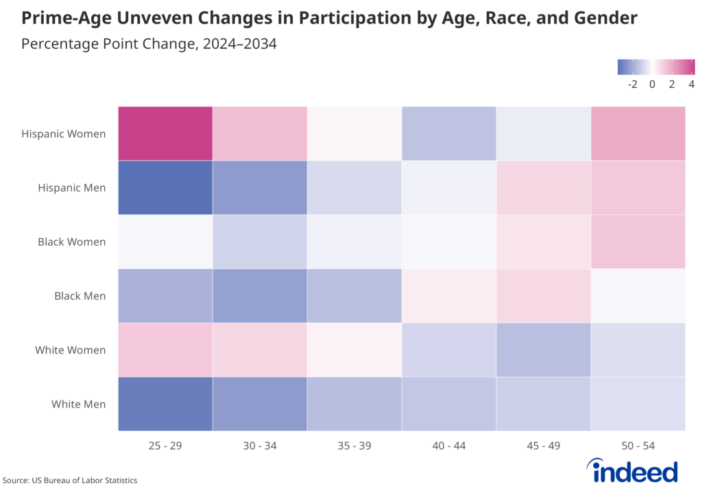 Heat map titled “Prime-age uneven changes in participation by age, race, and gender” shows a mixed pattern in participation across age bands.