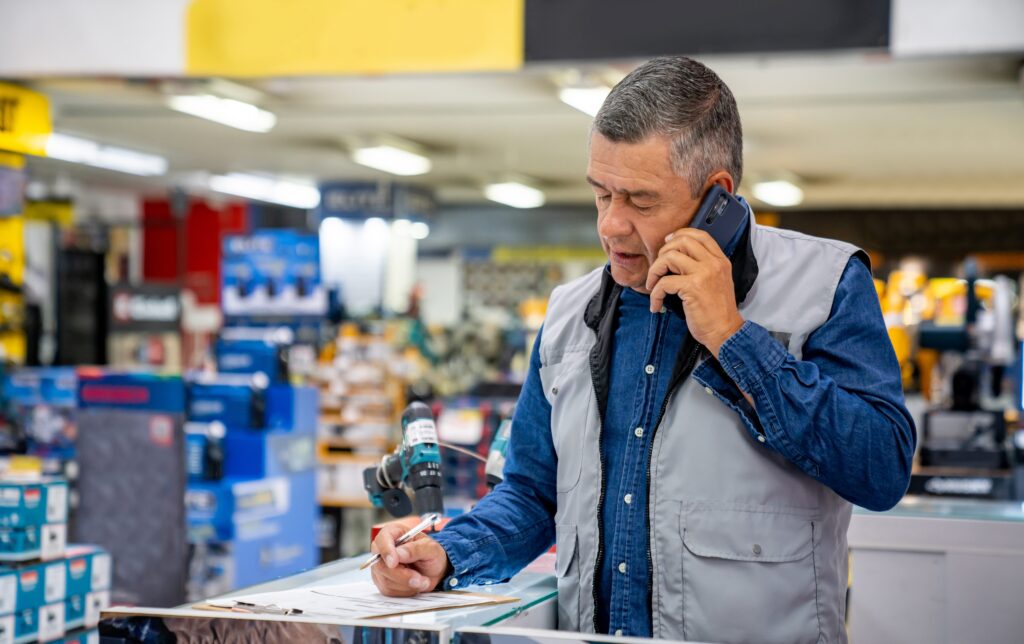 A retail worker in a gray utility vest over a blue denim shirt stands at a hardware store counter, holding a phone to their ear with one hand while writing on a clipboard with the other. Aisles of power tools and store displays are visible in the soft-focus background.