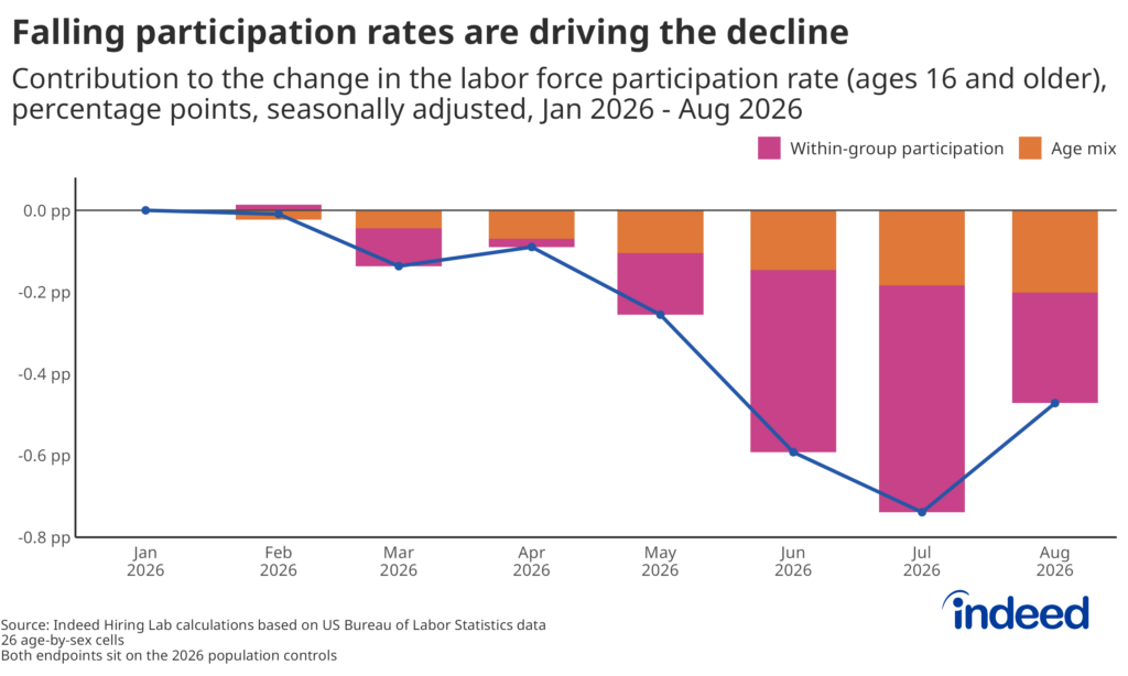 Combination stacked bar and line chart titled "Falling participation rates are driving the decline" shows the cumulative contribution to the change in the labor force participation rate (ages 16 and older) since January 2026, broken into within-group participation and age-mix effects, from January to August 2026.