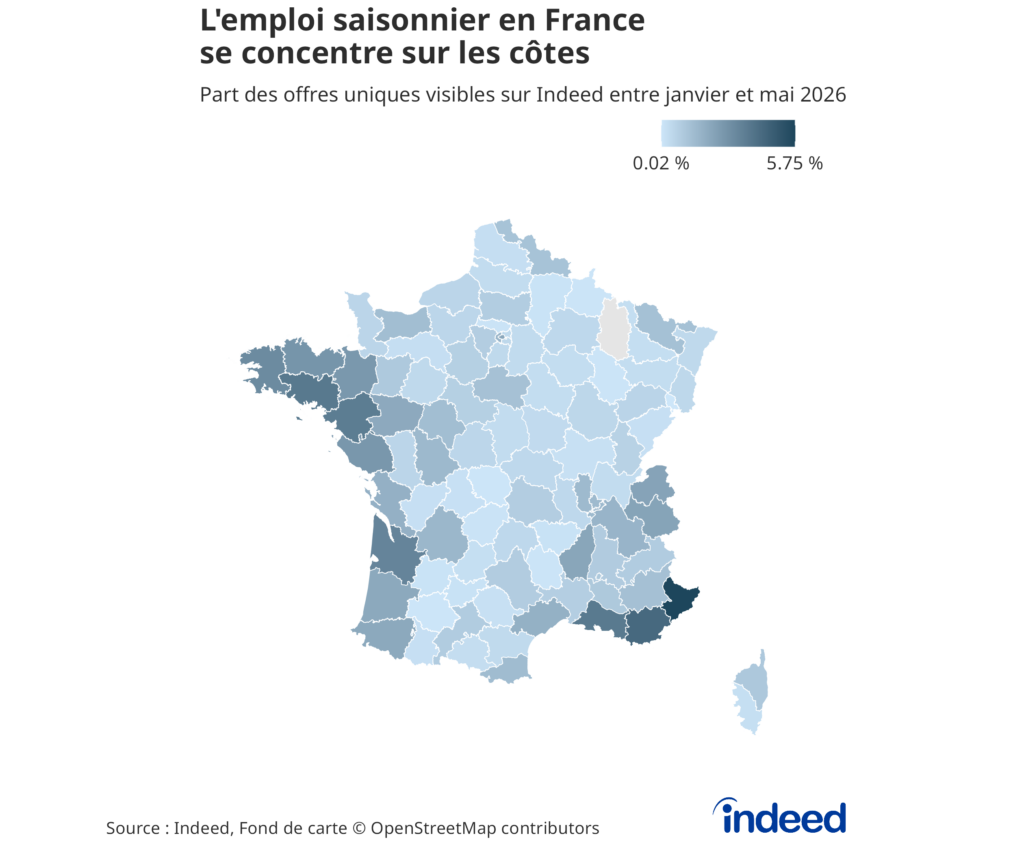 Carte de France métropolitaine et de la Corse intitulée « L’emploi saisonnier en France se concentre sur les côtes » indiquant la part des offres uniques visibles sur Indeed concernant des emplois saisonniers.