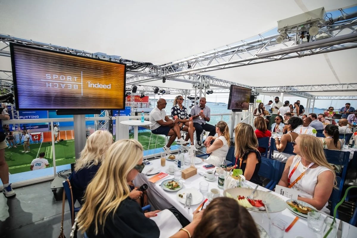 Photo of people attending the Indeed’s Coach’s Corner panel at Sports Beach at Cannes Lion 2026
