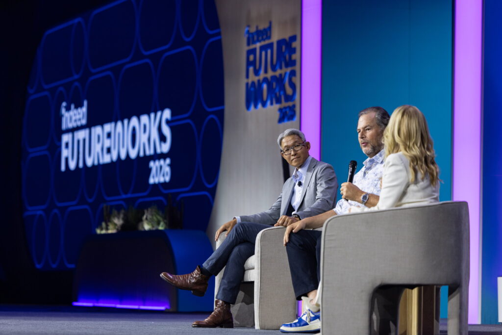 Indeed CEO Hisayuki “Deko” Idekoba, Marc Benioff, Chair, CEO and Co-Founder of Salesforce, and TIME editor Jessica Sibley speaking at Indeed FutureWorks 2026