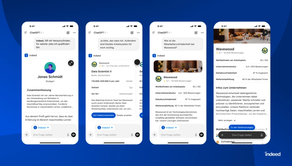 ChatGPT-Integration mit Indeed zeigt personalisierte Jobvorschläge und Unternehmensbewertungen auf dem Smartphone