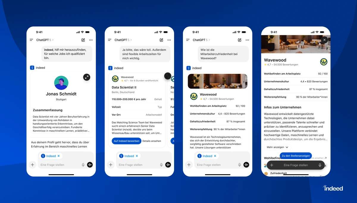 ChatGPT-Integration mit Indeed zeigt personalisierte Jobvorschläge und Unternehmensbewertungen auf dem Smartphone